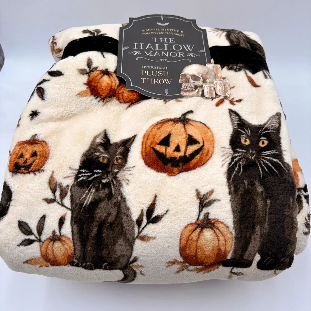 The Hallow Manor Black Cat Pumpkin Oversized Plush Throw Blanket 60x70 Halloween